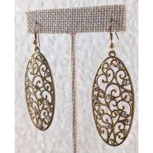 Gold Tone Filigree‎ Oval Dangle Earrings Rhinestone Accents Lightweight Boho